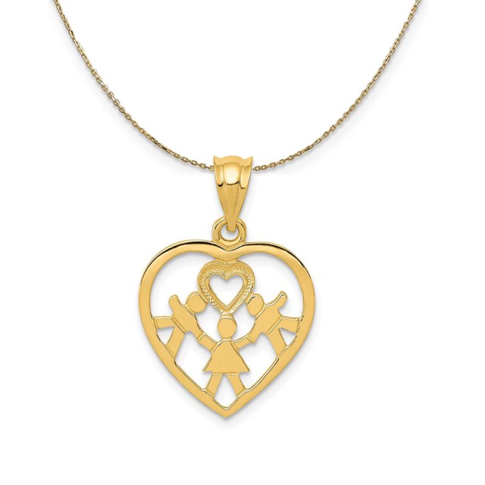 14k Yellow Gold Heart with Three Children Necklace - 16 Inch